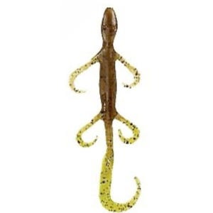 May include: A soft plastic fishing lure shaped like a lizard. The lure is primarily brown with yellow-green legs and tail, speckled with black dots. The lure is designed to mimic a small reptile.