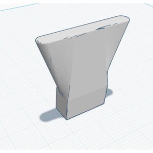 May include: A light gray, three-dimensional digital model of a funnel-shaped object with a wide, flat top and a narrow, rectangular base. The object features smooth, angled sides that taper inward toward the bottom, presented on a grid.