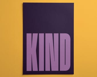Lámina decorativa de pared con tipografía Kind Purple / Póster moderno con gráficos llamativos / Decoración para oficina, cocina y hogar contemporáneo