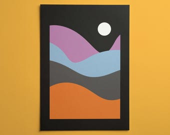 Lámina decorativa de pared con diseño de puesta de sol / Póster colorido inspirado en la naturaleza con colinas onduladas / Decoración minimalista moderna de paisajes para dormitorio y hogar.