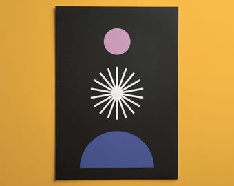 Lámina decorativa de pared con formas abstractas apiladas / Póster gráfico en negro, azul y rosa / Diseño minimalista moderno con bloques de color / Decoración contemporánea para el hogar