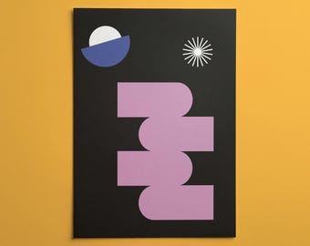 Lámina decorativa de formas abstractas para pared / Póster gráfico en negro, azul y rosa / Diseño minimalista moderno con bloques de color / Decoración contemporánea para el hogar