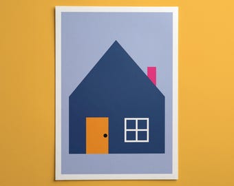 Lámina decorativa abstracta de una casa en color lila / Póster moderno, atrevido y divertido / Decoración contemporánea para el hogar, el dormitorio y la habitación infantil.