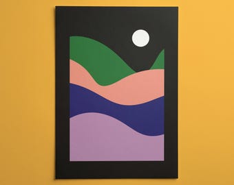 Lámina decorativa de pared con diseño de puesta de sol / Póster colorido inspirado en la naturaleza con colinas onduladas / Decoración minimalista moderna de paisajes para dormitorio y hogar.