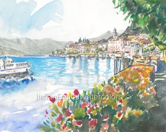 Italian Digital Watercolors Lake Como - Bellagio with hydrofoil