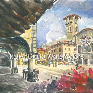 Italian Digital Watercolors Lake Como - Piazza San Fedele