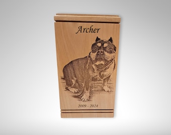 Engraved Pet Portrait Memorial Urn, Custom Wooden Cremation Urn for Dogs and Cats