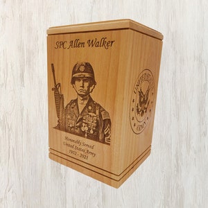 Veteran Photo Cremation Urn, Military Memorial Urn, Engraved Wood Urn