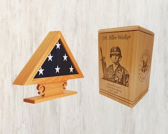 Veteran Cremation Wood Urn and Burial Flag Case, Urn for Human Ashes, Photo Engraved Military Cremation Urn, Military Flag Case