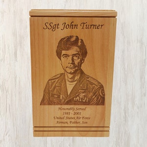 Personalized Veteran Cremation Urn, Photo Engraved Military Urn for Ashes, Custom Wood Memorial Urn
