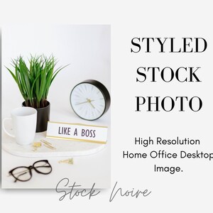 May include: A white desk with a potted green plant, a white coffee mug, a black clock, a gold nameplate with the text "LIKE A BOSS", and gold paper clips.  The desk is on a white background.