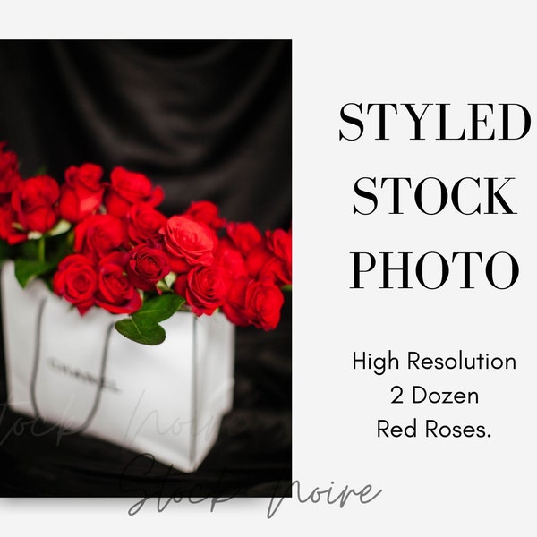 Styled Stock Photo Red Roses, 2 Dozen Red Roses, Valentines Day, Self-Love, Chanel Gift Bag, Gift Bag Red and Black Stock Photos