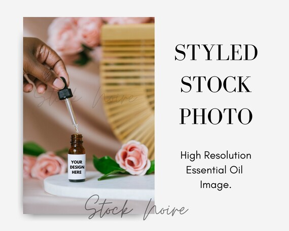 Styled Stock Photo Essential Oil, amber bottle mockup, glass dropper, Essential, Woman of color, African American Stock Photo