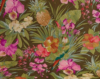 Vintage Cotton Fabric with Tropical Print, Parrot Print Fabric, Ananas Pattern, Orchid Flower Print, Fabric Remnant