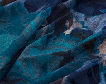 Burnout Jersey Fabric Floral Blue Beige – Italian Devore Deadstock Stretch Fabric for Dresses