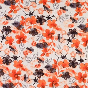 May include: A seamless fabric pattern with a repeating design of orange and black flowers on a white background.