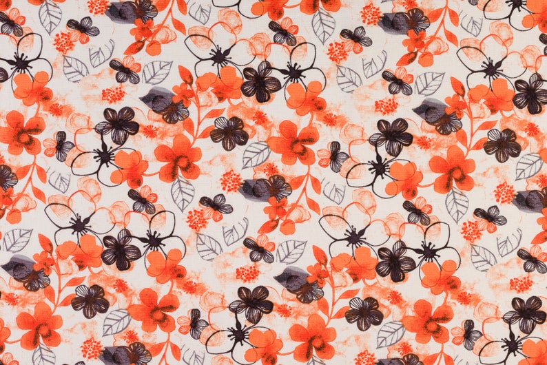 May include: A seamless fabric pattern with a repeating design of orange and black flowers on a white background.