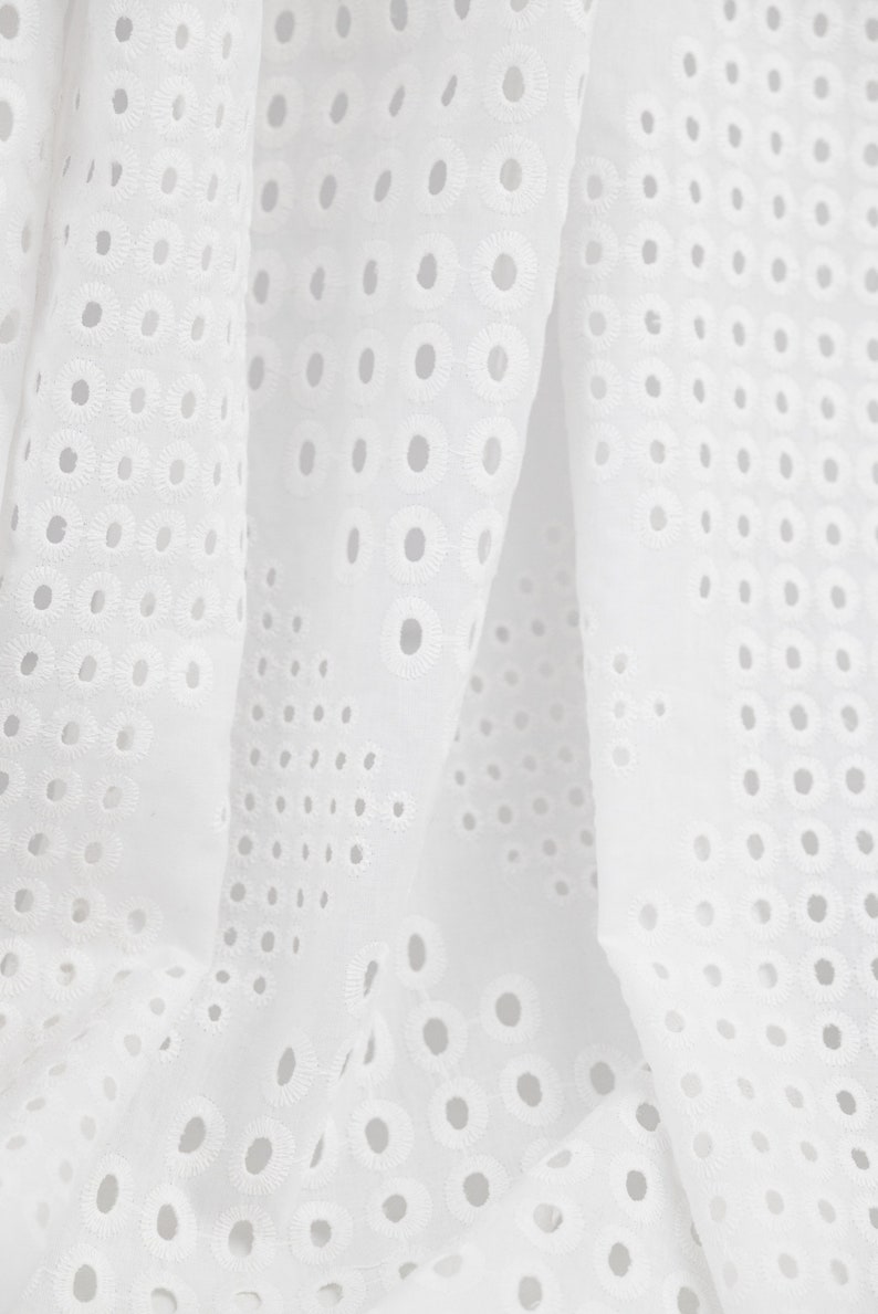 Italian Eyelet Cotton Lace Fabric, White Embroidery Anglaise, Broderie Anglais Cotton Fabric, Scalloped Edges image 3