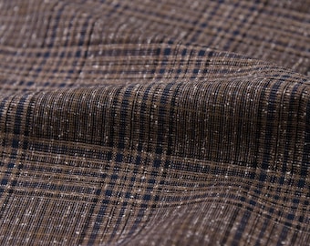 Italienischer Anzugstoff Wolle Seide Baumwolle, Karo Stoff Braun Blau, Edler Stoff für Blazer Hosen Kleider Maßanzug