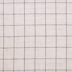 May include: A close-up of a beige fabric with a fine, dark blue grid pattern. The fabric has a subtle herringbone weave.