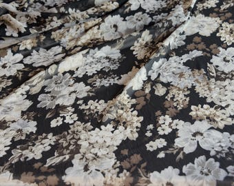 Floral chiffon fabric in black and brown hues - sheer crinkle material for dresses, blouses and room decor