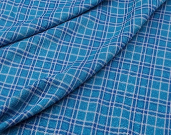 Plaid jersey fabric blue with glitter – stretchy tartan knit fabric, Italian deadstock material for dresses, tops, skirts and loungewear