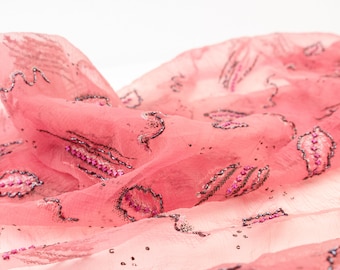 Organza vintage seersucker com bordado de pérolas em rosa – tecido retrô para trajes de noite, vestidos e acessórios
