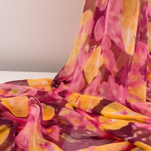 Pink Floral Chiffon Fabric for Evening Wear and Summer Dresses; Translucent Fabric for Blouse and Room Decor; Poly Chiffon Fabric