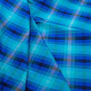 Blue Check Dupioni Silk Fabric – Crisp Textured Silk by the 0.55 Yard – Luxury Fabric for Dresses, Skirts, Blazers & Home Decor