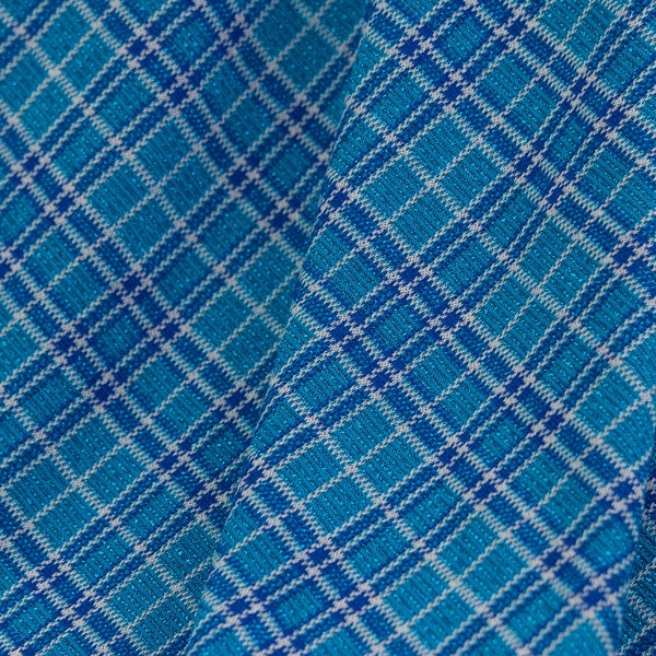Piqué jersey fabric with tartan pattern and glitter thread, light blue check jersey fabric by the meter, Italian deadstock fabric