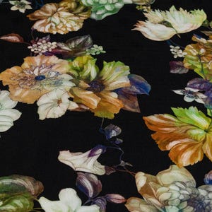 Italian Viscose Floral Twill Jacquard – Black Fabric with Cream Green Orange Flowers – Fabric for Dresses, Blouses & Skirts by 1/2 Yard