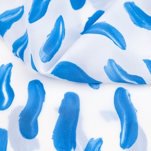 Blue and White Silk Crepe de Chine Fabric with Brushstroke Print – Italian Silk for Dresses, Blouses & Special Occasions - Sold by 0.55 Yard