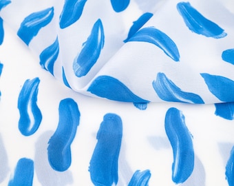 Blue and White Silk Crepe de Chine Fabric with Brushstroke Print – Italian Silk for Dresses, Blouses & Special Occasions - Sold by 0.55 Yard