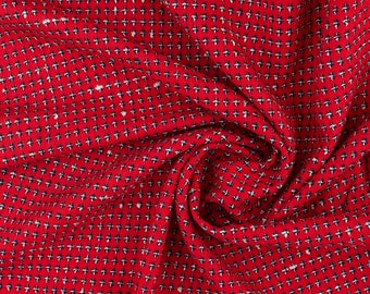 Vintage wool fabric for coats and jackets; poppy red embroidered Wool fabric; vintage Wool material