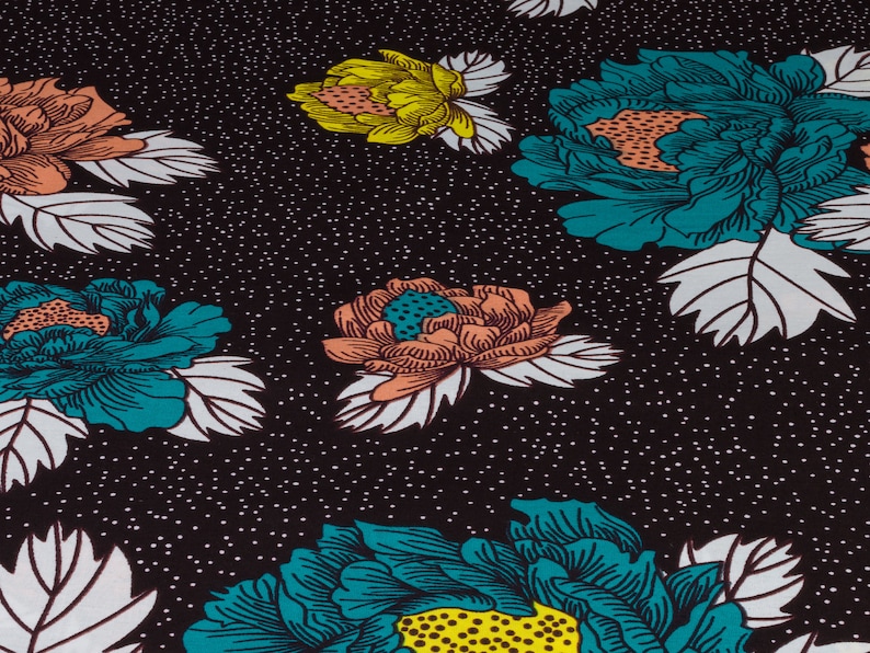 May include: Black fabric with a repeating pattern of teal, yellow, and peach flowers. The flowers have a stylized design and are surrounded by white leaves.