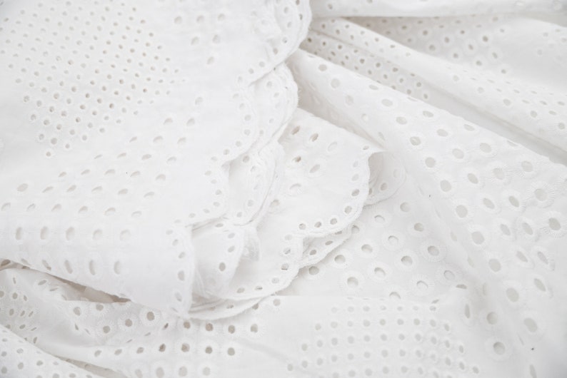 Italian Eyelet Cotton Lace Fabric, White Embroidery Anglaise, Broderie Anglais Cotton Fabric, Scalloped Edges image 5