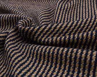 Wool Blend Tweed Fabric Beige and Blue with Stripe Pattern for Jackets, Coats, Skirts and Capes
