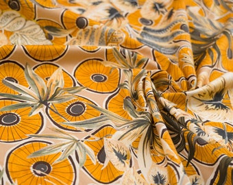 High Quality Cotton Satin Fabric with Palm Print; Botanical Print Material for Dresses and Skirts; Italian Quality Fabric