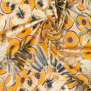Italian Cotton Satin with Tropical Print – Yellow Beige Gray – Stretch Fabric for Summer Dresses by 1/2 yard