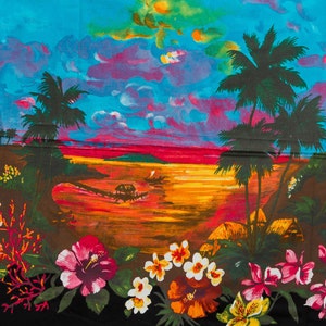 Vintage Hawaiian Tropical Cotton Fabric Panel 33.5 x 55 inches - Colorful Sunset Scene
