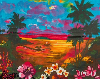 Vintage Hawaiian Tropical Cotton Fabric Panel 33.5 x 55 inches - Colorful Sunset Scene
