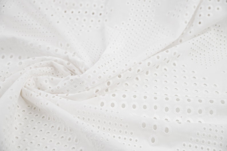 Italian Eyelet Cotton Lace Fabric, White Embroidery Anglaise, Broderie Anglais Cotton Fabric, Scalloped Edges image 1