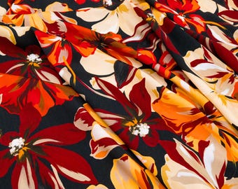 Satin fabric with floral print black red orange, smooth fabric for evening wear, prom dresses and ballgowns – sold by half yard
