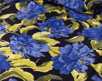 Italian Viscose Twill Fabric with Blue Flowers - Lightweight Viscose for Dresses, Blouses & Skirts