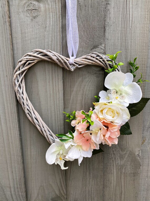 Floral heart wreath flowers wicker hanging ornament Etsy