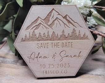 Wedding Favor Magnet // Mountain Scene Favor // Mountain Wedding // Mountain Save the Date // And so the adventure begins