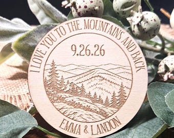 Mountain Wedding Favor Magnet: Engraved Rustic Save the Date
