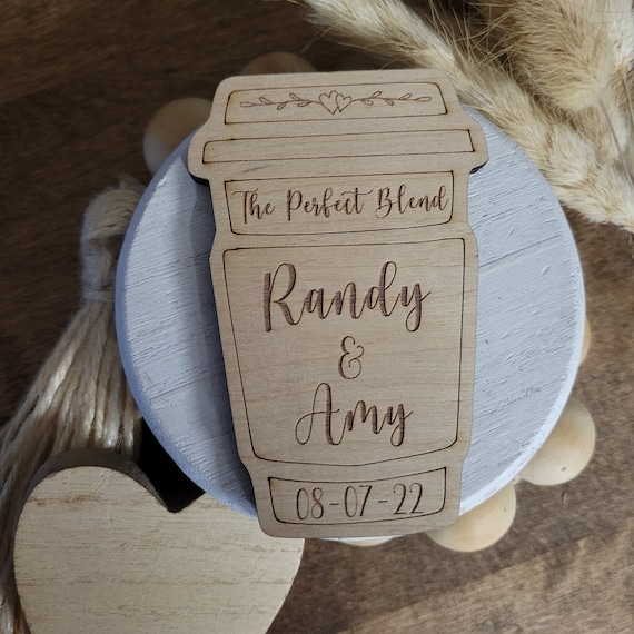 Personalized Coffee Cup Wedding Favor Magnet, Engraved Wood