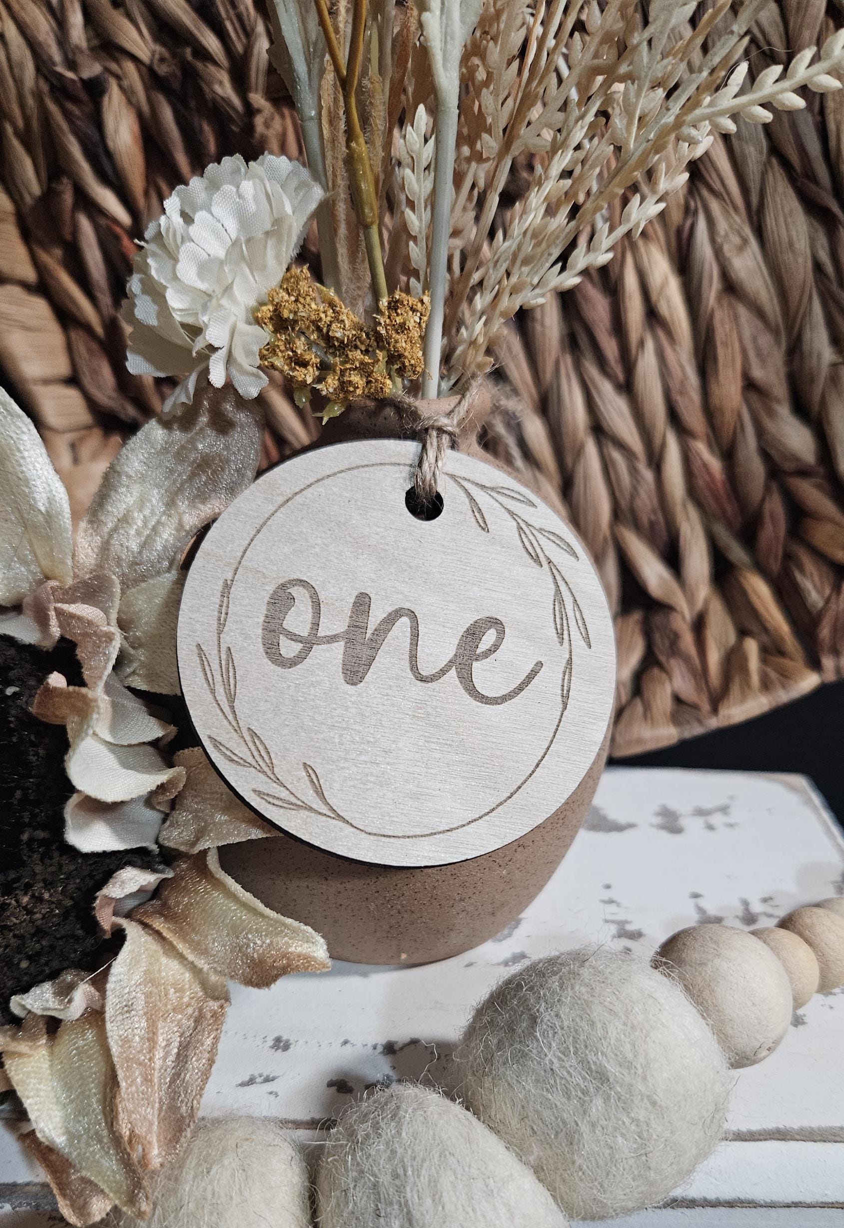 Rustic Wood Wedding Table Number Tags: Laser Engraved