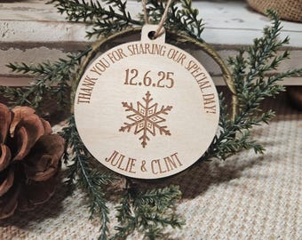 Personalized Christmas Ornament Wedding Favors: Engraved Wood Snowflake